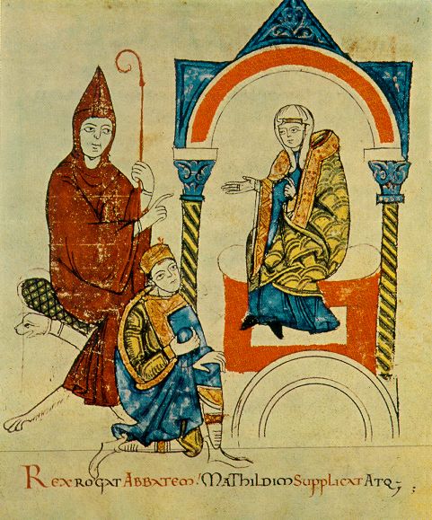 Heinrich IV. bittet Mathilde von Tuszien und Hugo von Cluny nach seiner Exkommunigkation um Vermittlung mit Papst Gregor VII., Cod. Vat. lat. 4922 (ca. 1115). (Quelle: Wikimedia Commons)