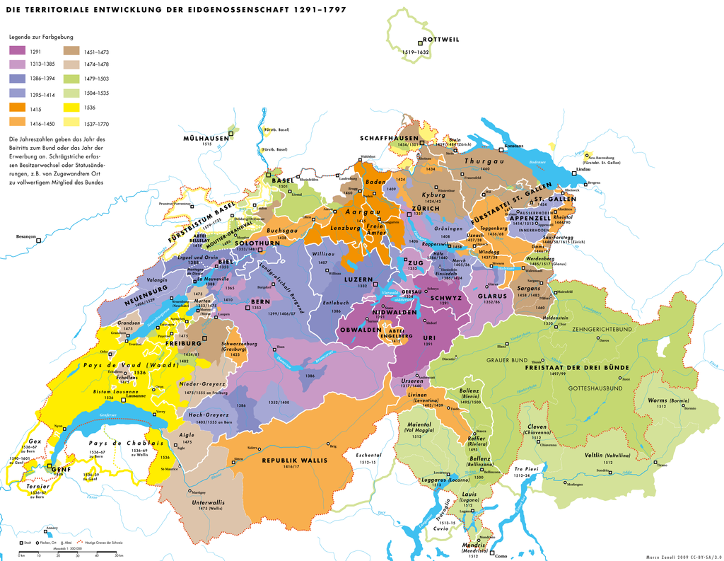 Territoriale Entwicklung der Eidgenossenschaft. (Quelle: wikipedia, Marco Zanoli)